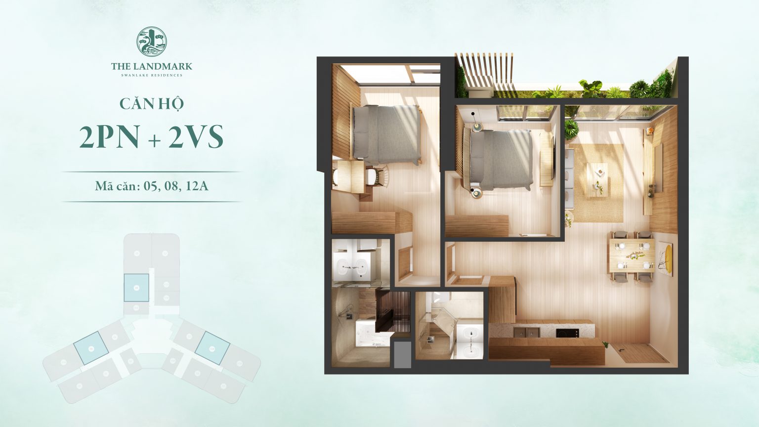 Thiết kế căn hộ 2 phòng ngủ - diện tích 74m2