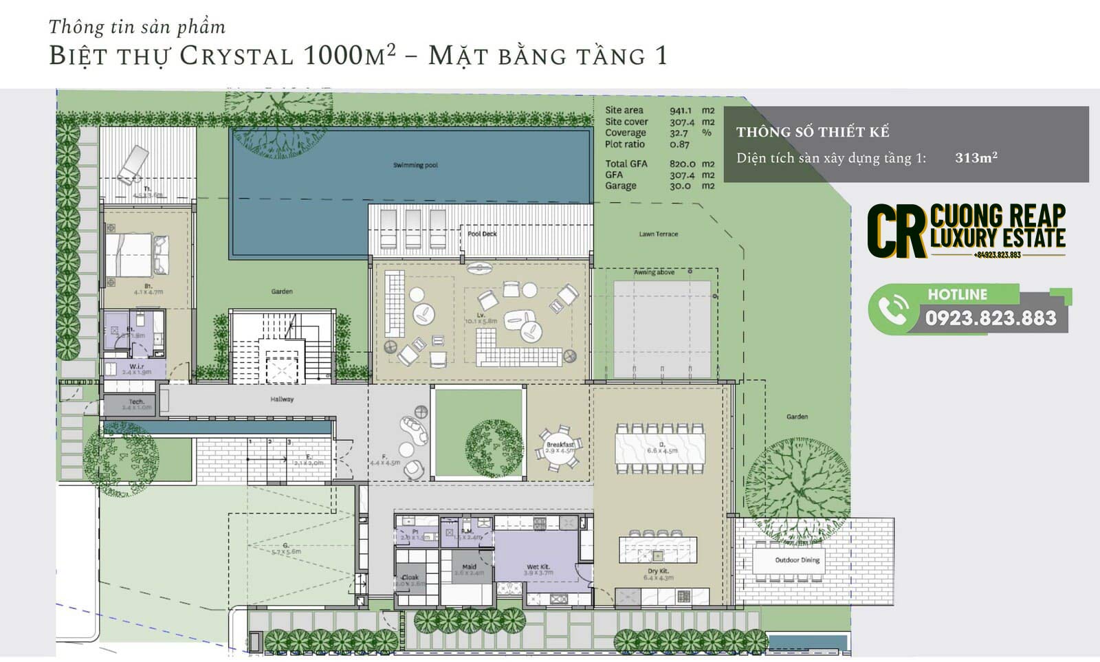 Mặt bằng thiết kế Dinh thự đảo Ecopark 1000m2 - Tầng 1